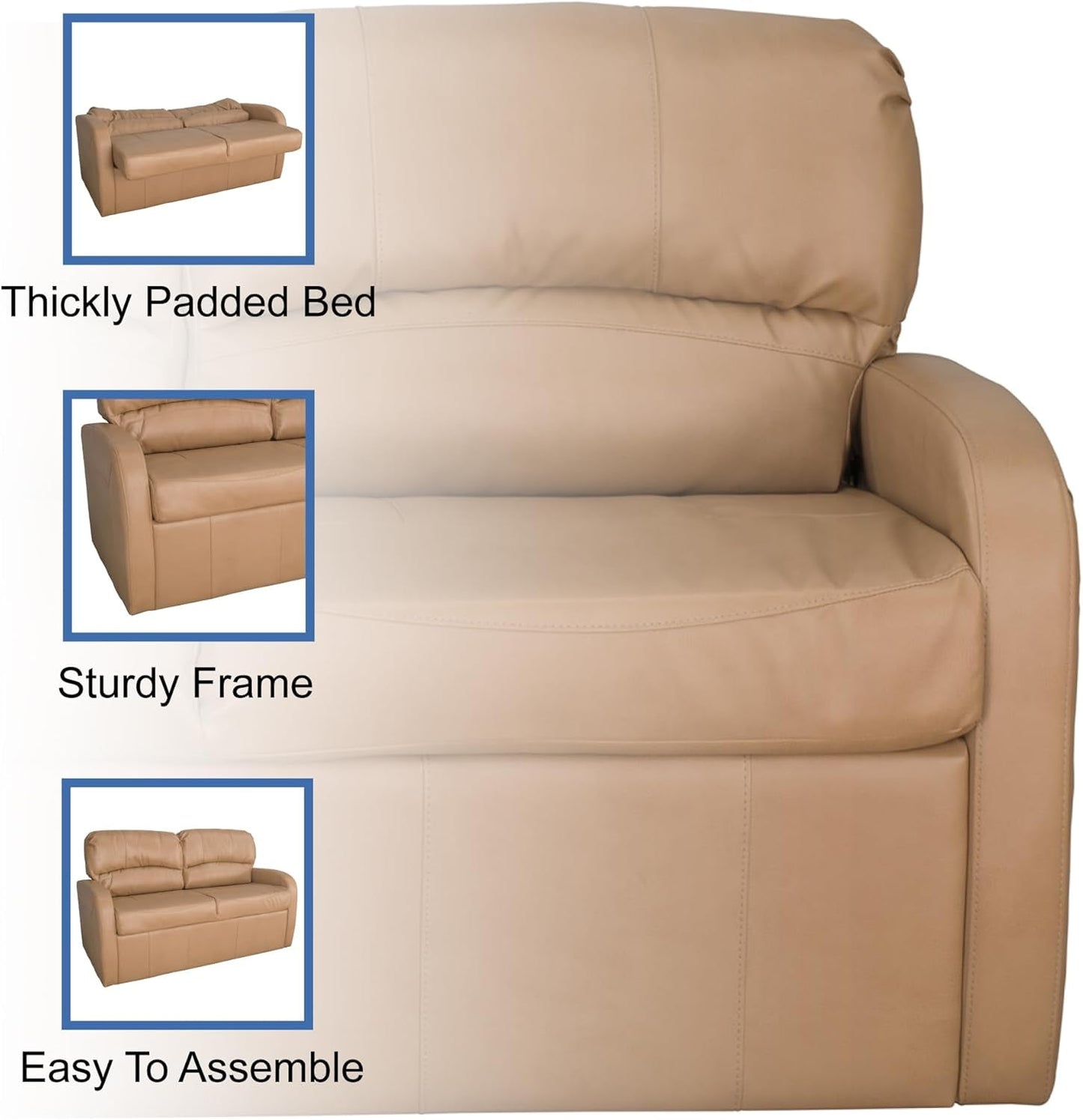 65 Inch Jack Knife RV Sleeper Sofa Toffee Leather PUPro Plus with thickly padded bed and sturdy frame, easy to assemble.