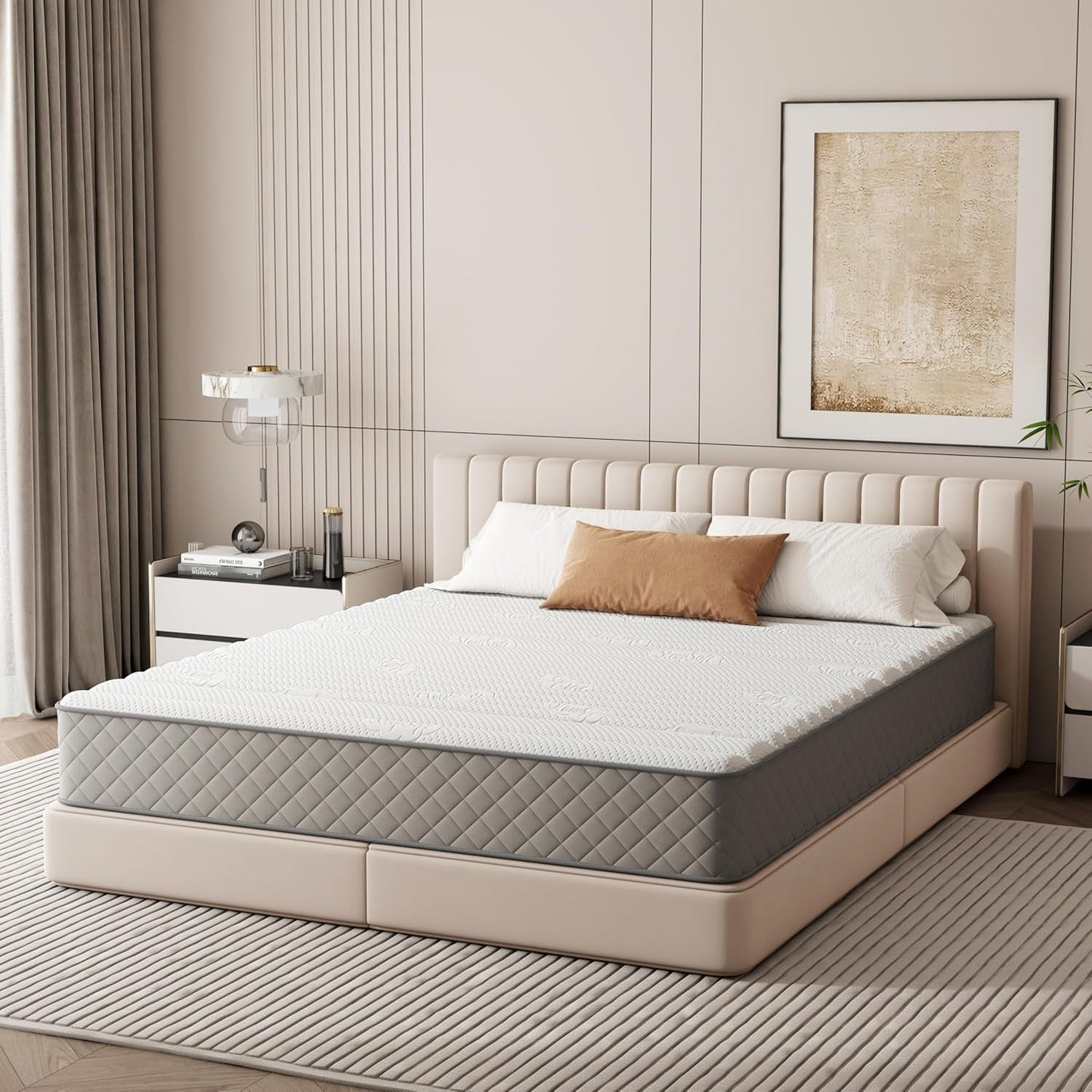 Modern bedroom featuring Full 10 Inch Hybrid Mattress With Cooling Gel Memory Foam on a stylish bed frame.