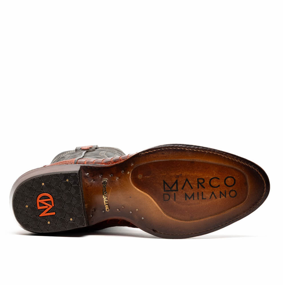 Sole view of Denver Rustic Cognac cowboy boot showcasing Marco di Milano branding