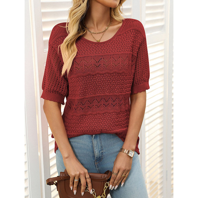 Women’s Short Sleeve Crochet Knit Hollow-Out Top
