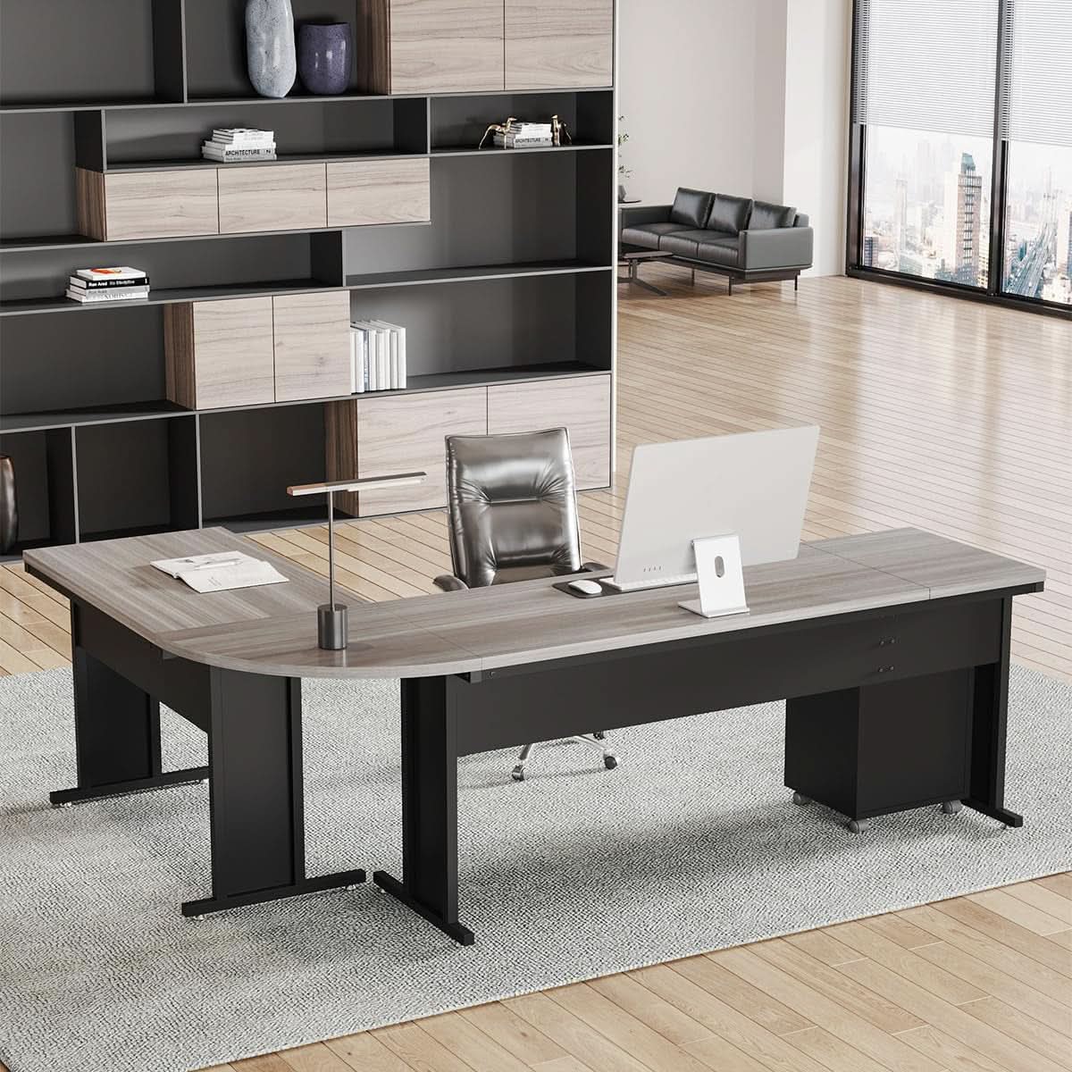 83 Inch L Shaped Desk With Gray Three Drawer File Cabinet