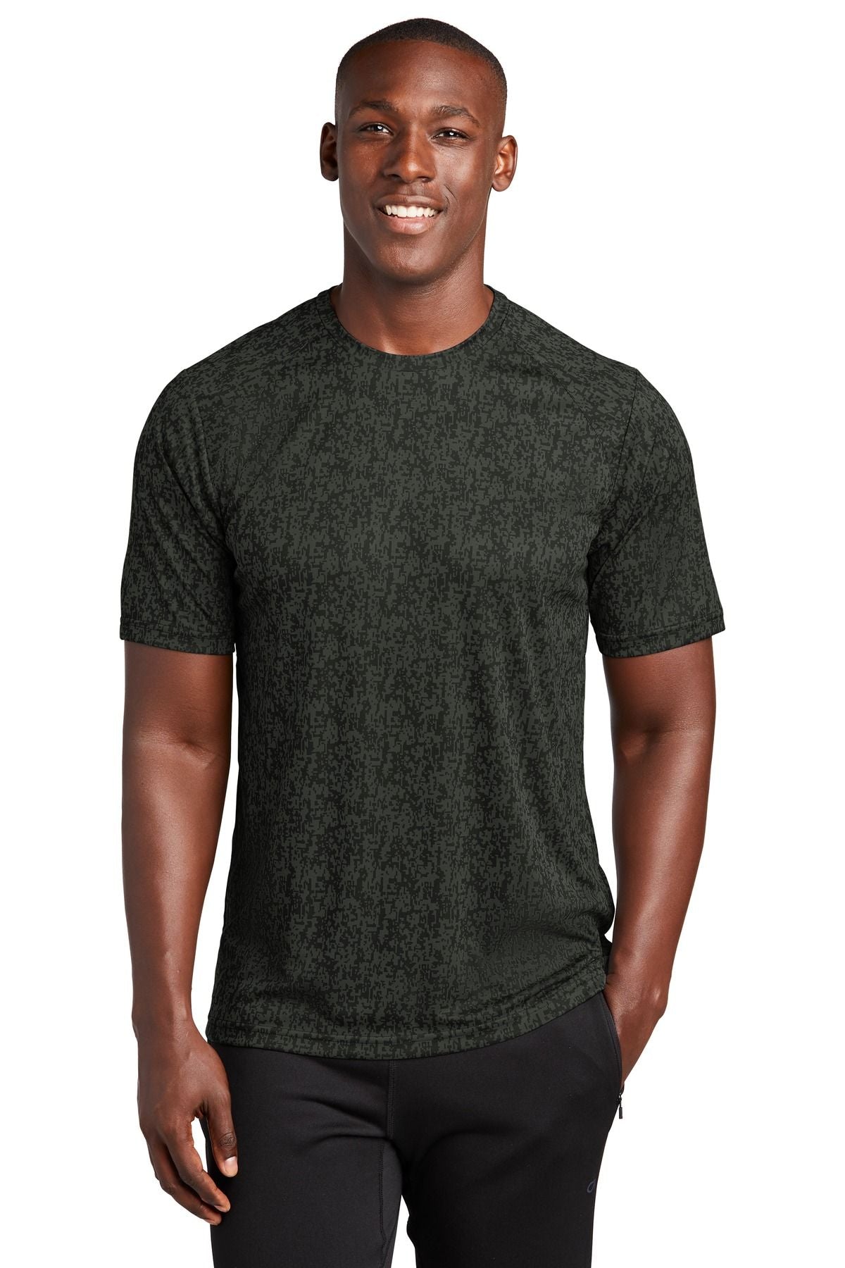 Alt Tag: Sport-Tek Digi Camo Tee ST460 on model, moisture-wicking polyester with unique digital camo print, perfect for active wear.