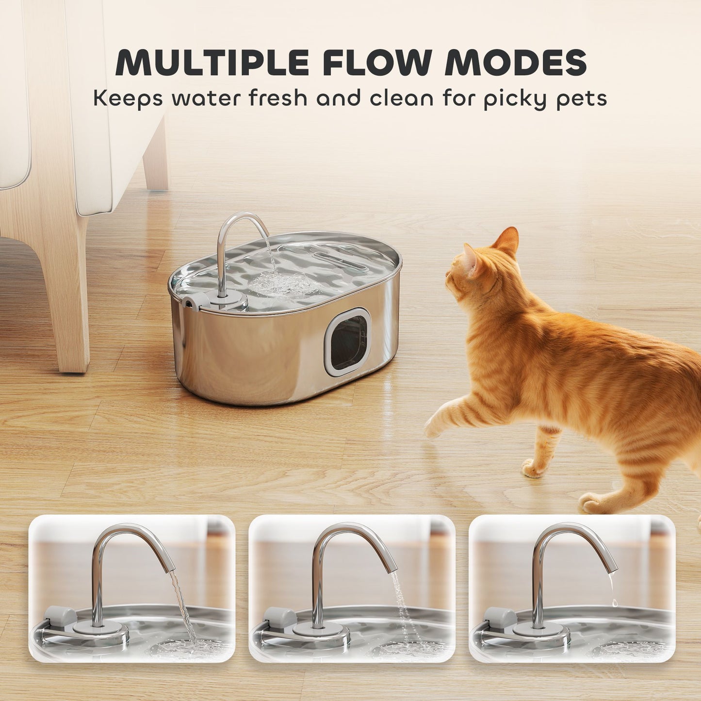 PawHut stainless steel cat water fountain with multiple flow modes and LED light, ideal for cats and dogs in multi-pet homes.