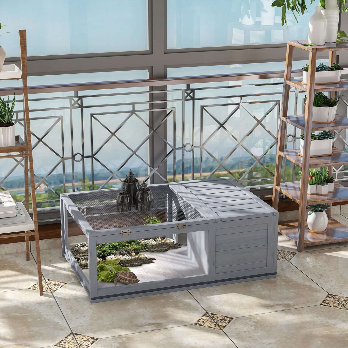 PawHut Wooden Tortoise House Indoor Turtle Habitat Enclosure Outdoor Reptile Cage Gray setting in a sunlit room.