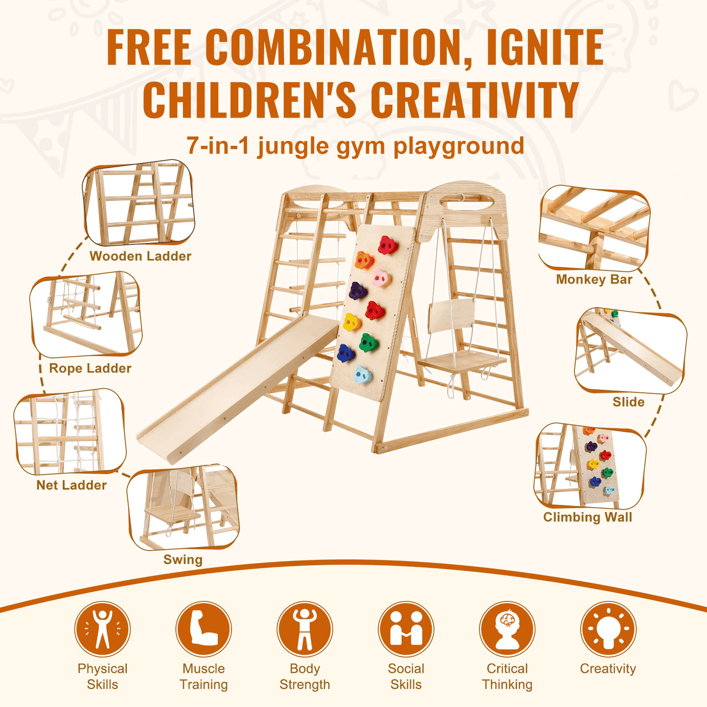 Alt Tag: VEVOR Indoor Jungle Gym for Toddlers with slide, swing, climbing wall, and ladders, perfect for enhancing creativity and teamwork.