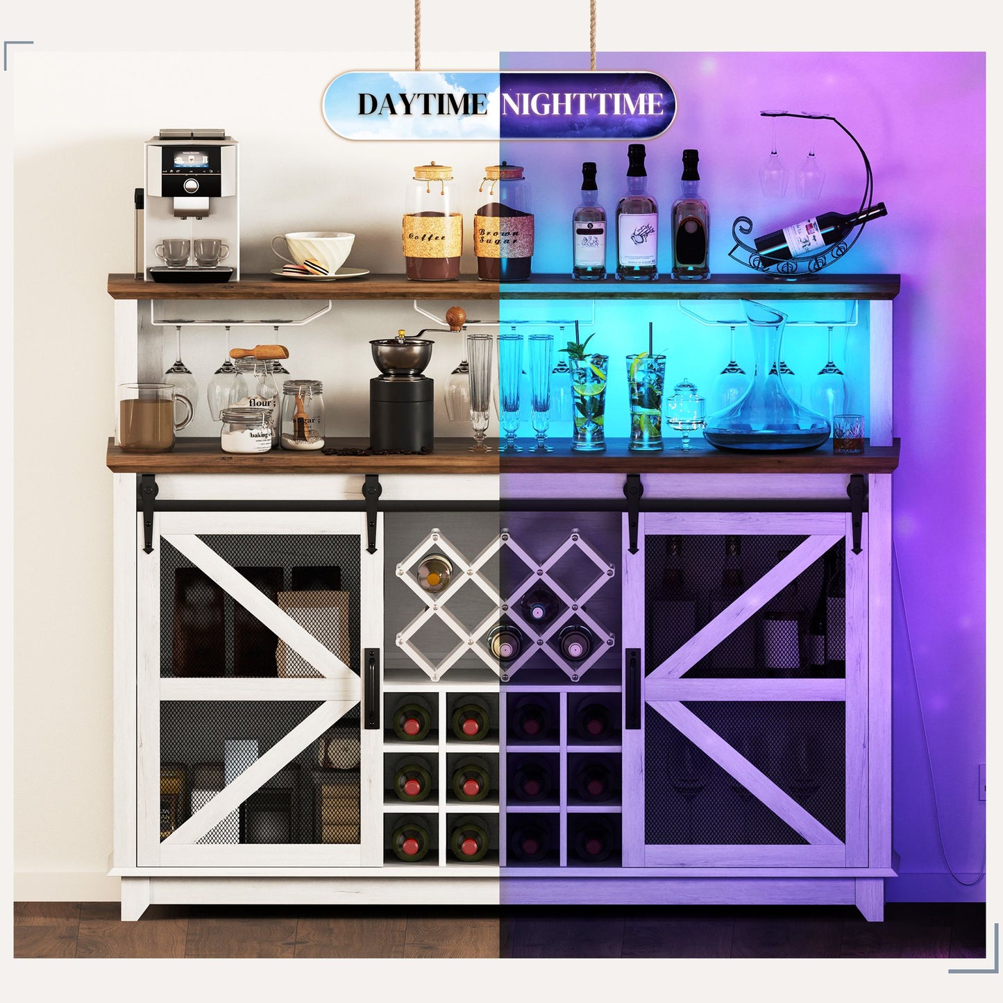 HOMCOM 55" Coffee Bar Cabinet with Lights showcasing daytime and nighttime LED effects, farmhouse wine cabinet with glass and wine racks.