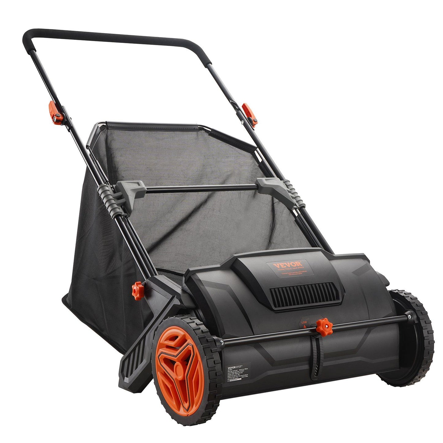 VEVOR Push Lawn Sweeper with 21-inch width, thickened brushes, rubber wheels, steel frame, and 3.5 cu. ft. mesh collection bag.