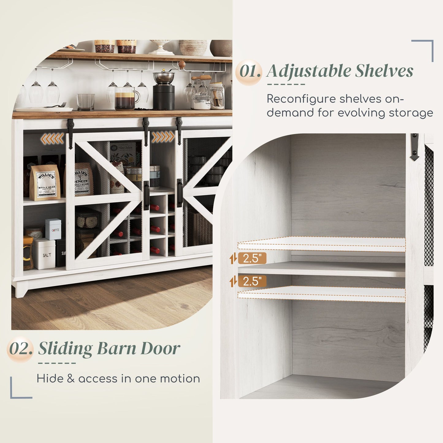 HOMCOM 55" Coffee Bar Cabinet with sliding barn doors and adjustable shelves for customizable storage in a farmhouse style.