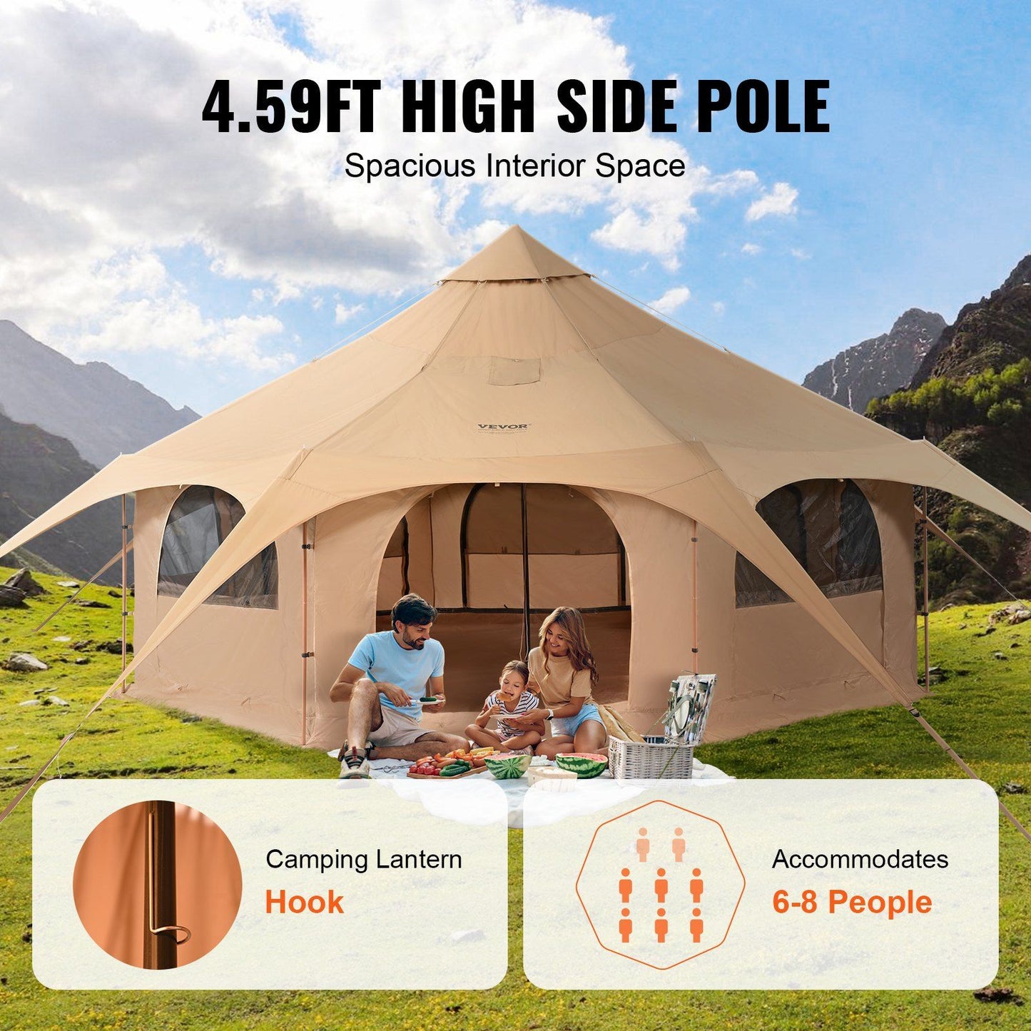 Family enjoying outdoor camping in VEVOR 4 Seasons Canvas Bell Tent, spacious and breathable, fits 6-8 people, with stove jack and high side pole.