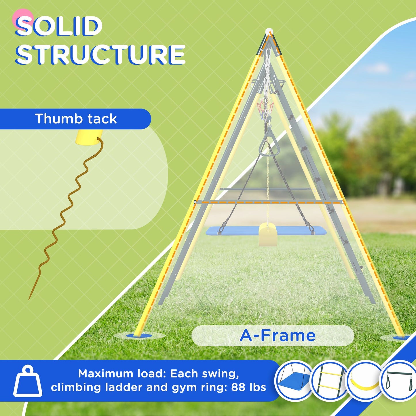 Outsunny 5-in-1 heavy duty swing set features secure A-frame structure with thumb tack stability, perfect for backyard play for kids.