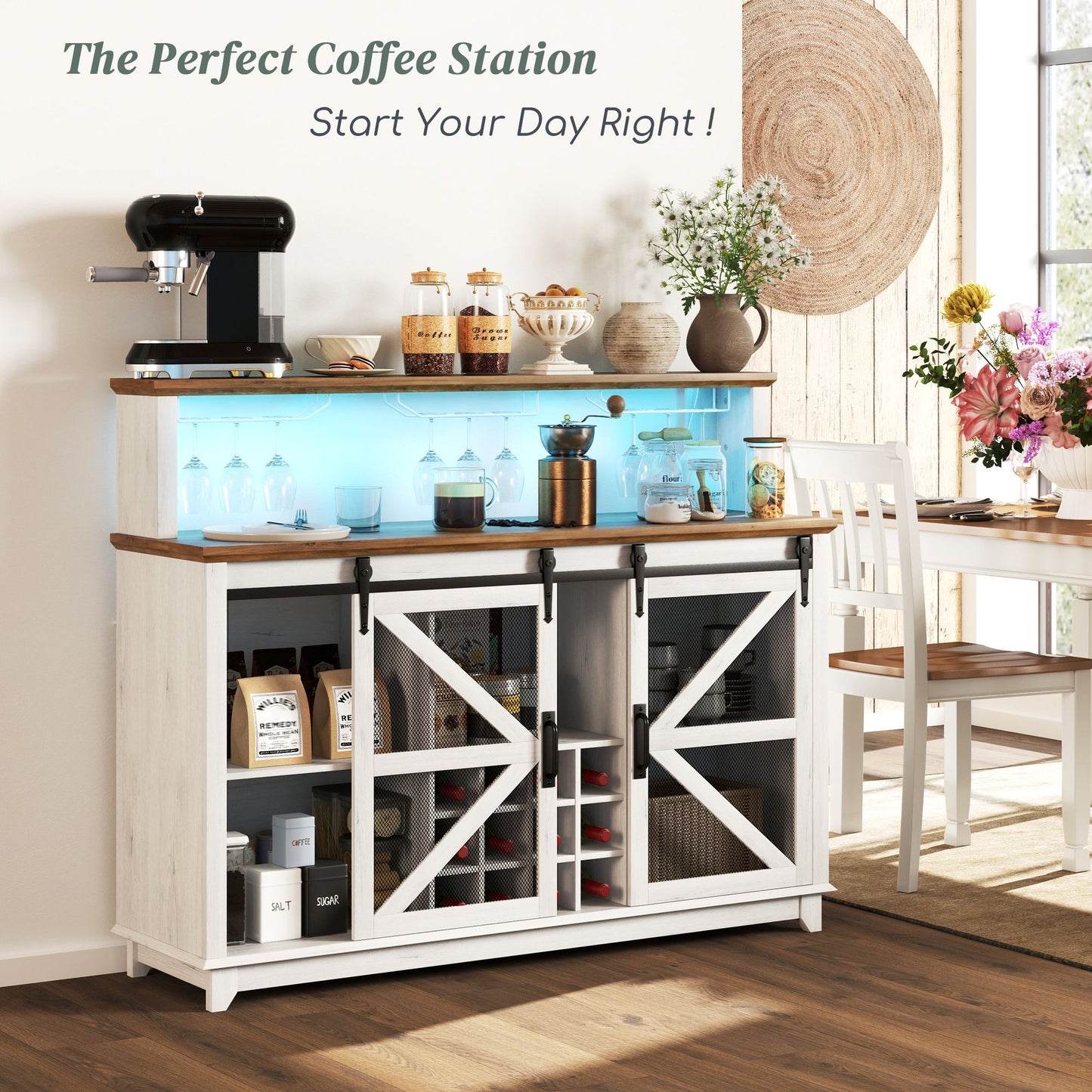 HOMCOM 55" Coffee Bar Cabinet with LED lights, wine and glass racks, and farmhouse design for kitchen or dining room in white.