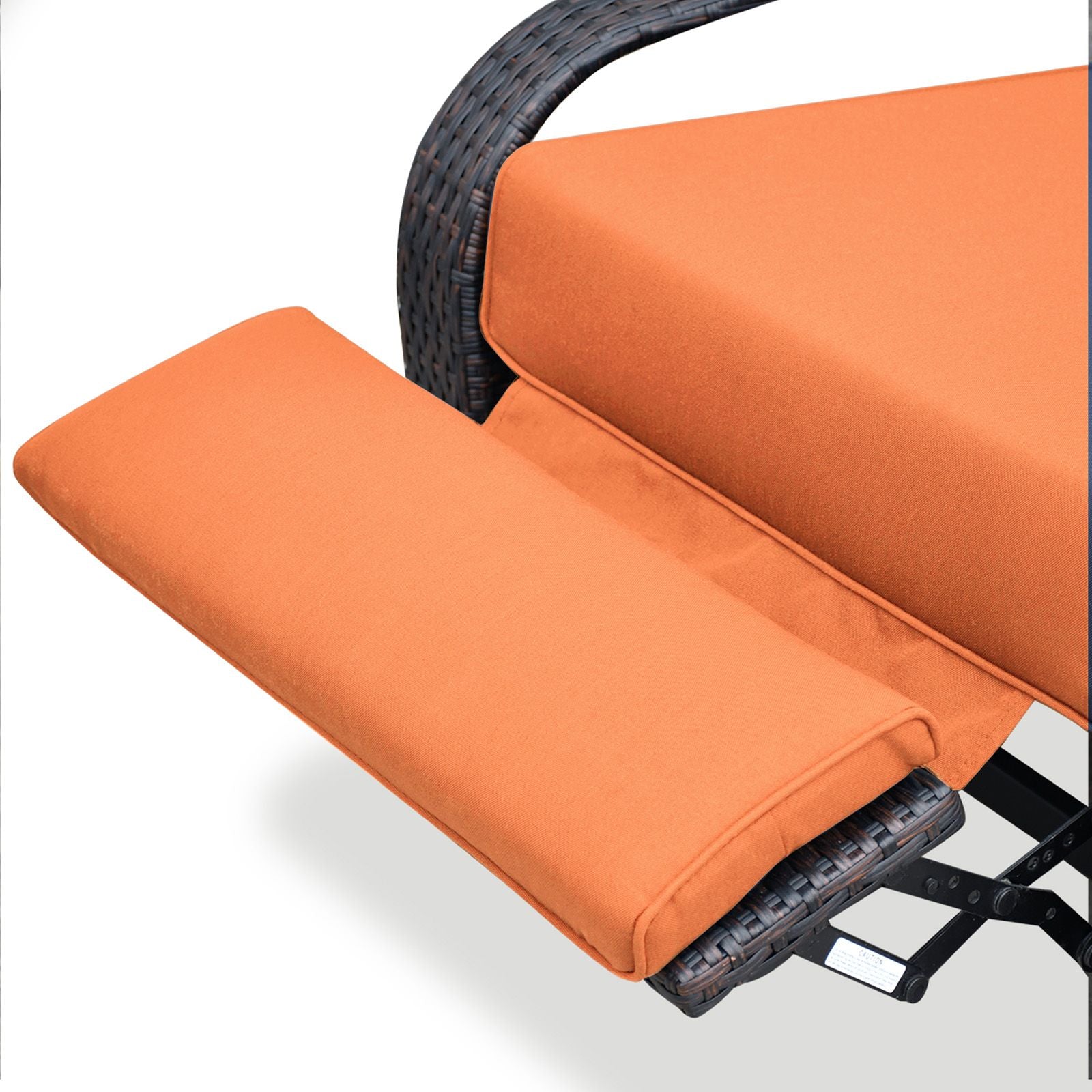 Adjustable Wicker Recliner Chair with orange cushion showing leg rest and wicker detail for outdoor relaxation.