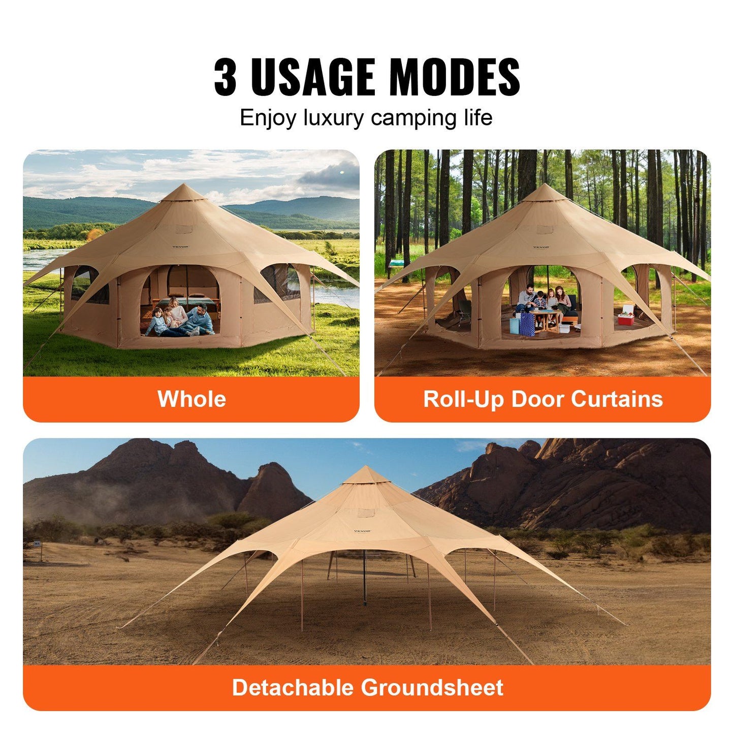 VEVOR Canvas Tent showcasing 3 usage modes: whole, roll-up door curtains, and detachable groundsheet. Perfect for family camping.