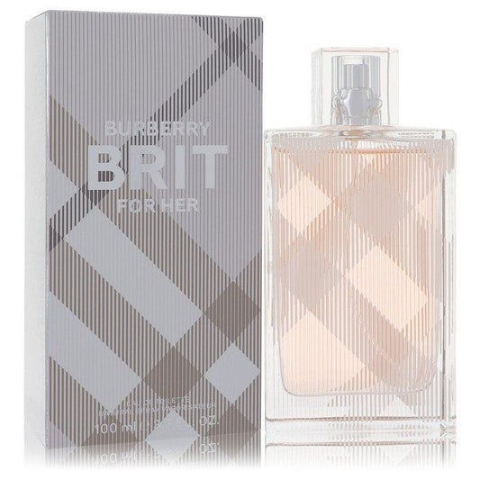 Burberry Brit Eau De Toilette Spray for Her, 100ml bottle and box, luxury fragrance by Burberry, feminine perfume with iconic Burberry style.