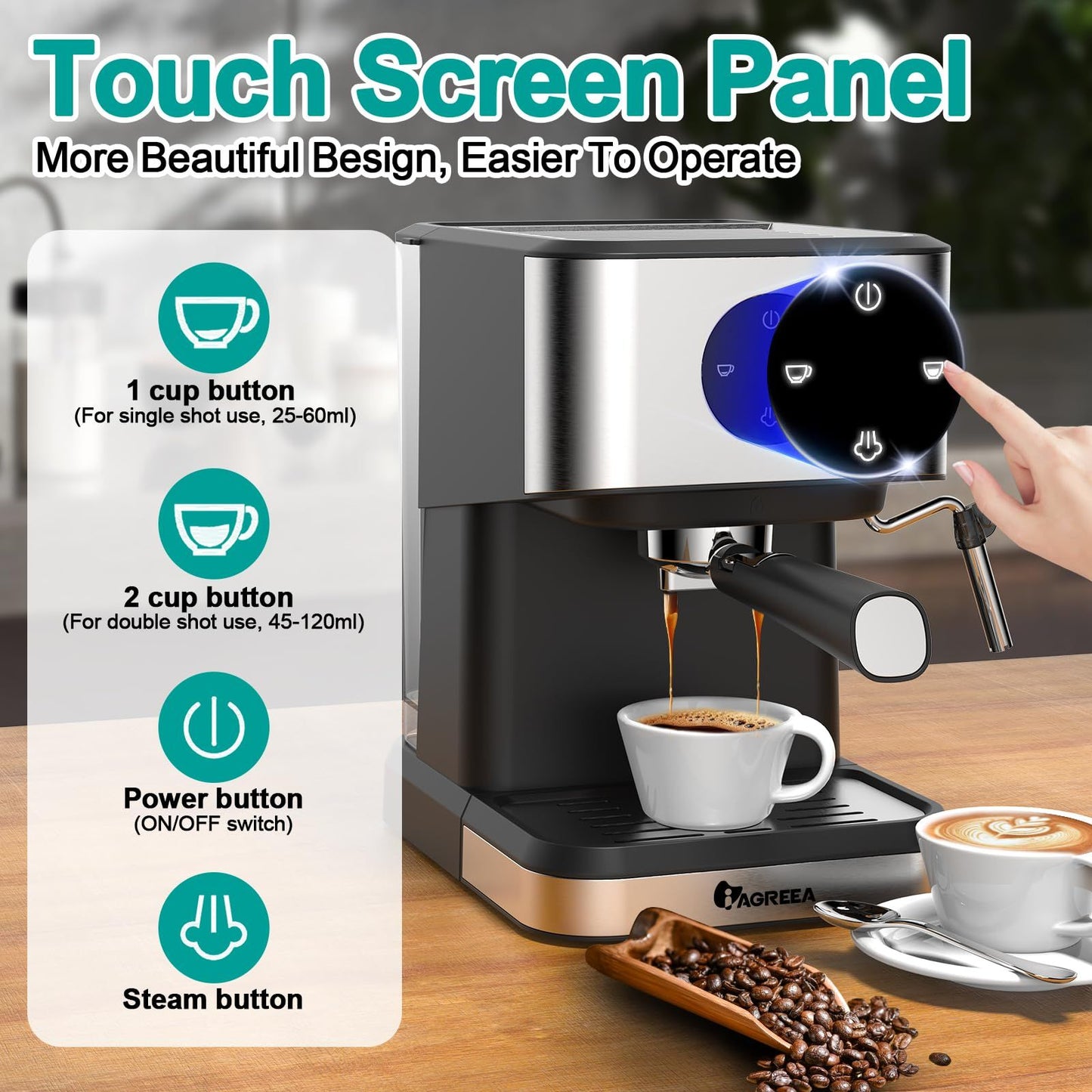 IAGREEA Espresso Coffee Machine with touch screen panel, 20 Bar pressure, detachable tank, perfect for home barista and cappuccinos