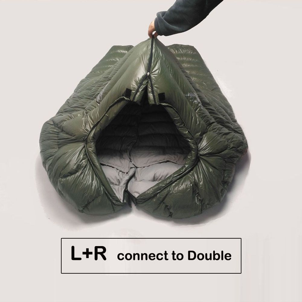 Kamperbox outdoor camping down sleeping bag, winter warm, windproof and waterproof, shown connecting for double use.
