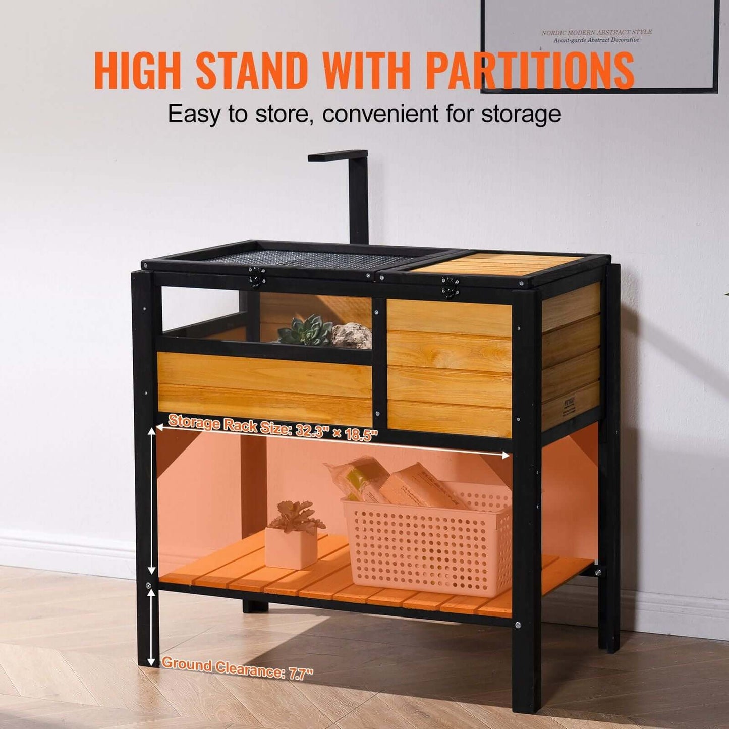 VEVOR Wooden Tortoise House Tortoise Habitat Indoor & Outdoor for Lizards Snakes with storage shelf, two-room design, high stand