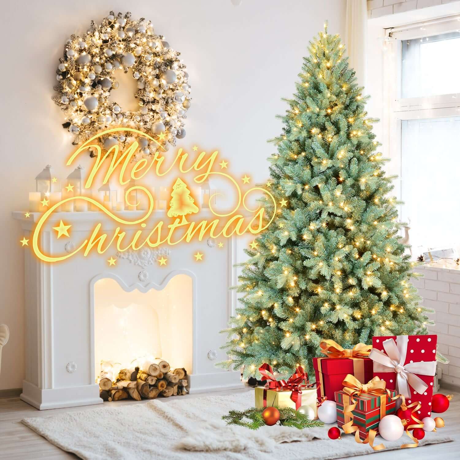 Blue Spruce Artificial Christmas Tree Prelit with 600 lights and festive decorations in a cozy living room setting.