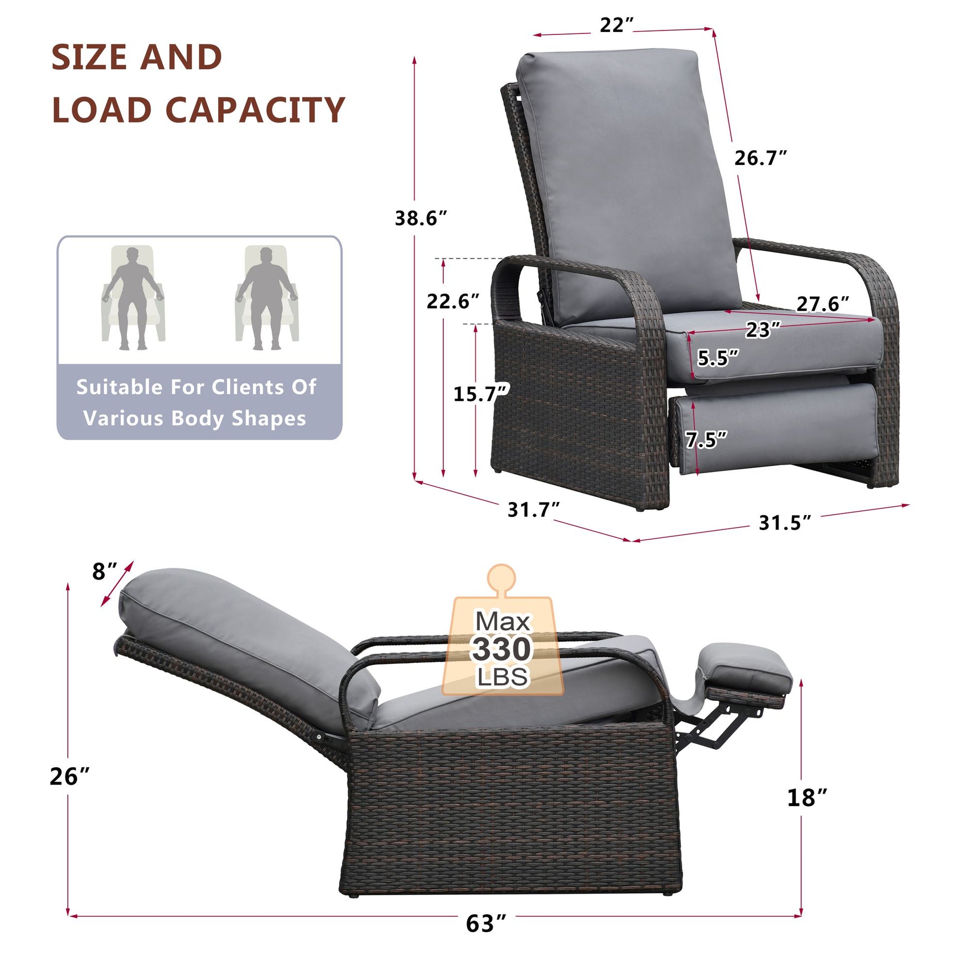 Dimensions and capacity of Adjustable Wicker Recliner Chair supporting up to 330 lbs