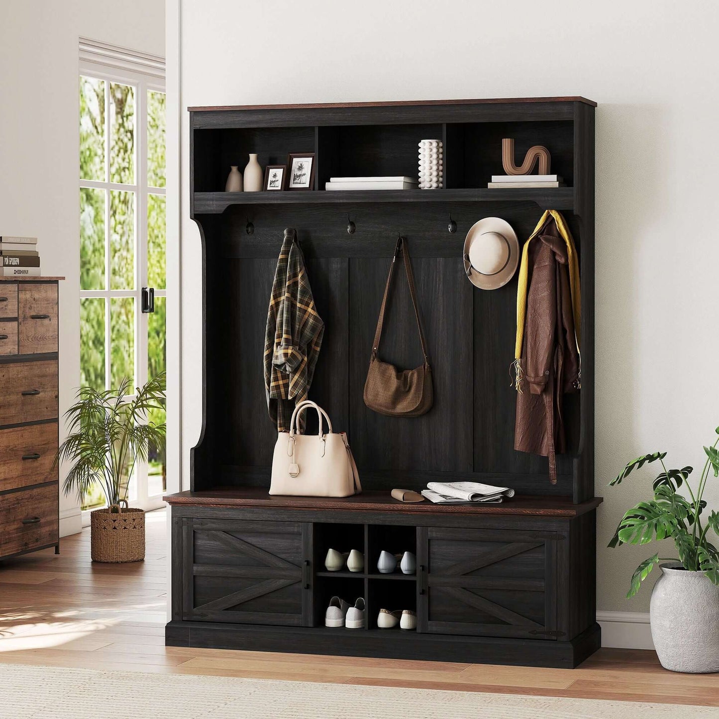 Black wood grain hall tree with shoe storage bench, coat rack, and farmhouse style for entryway organization.