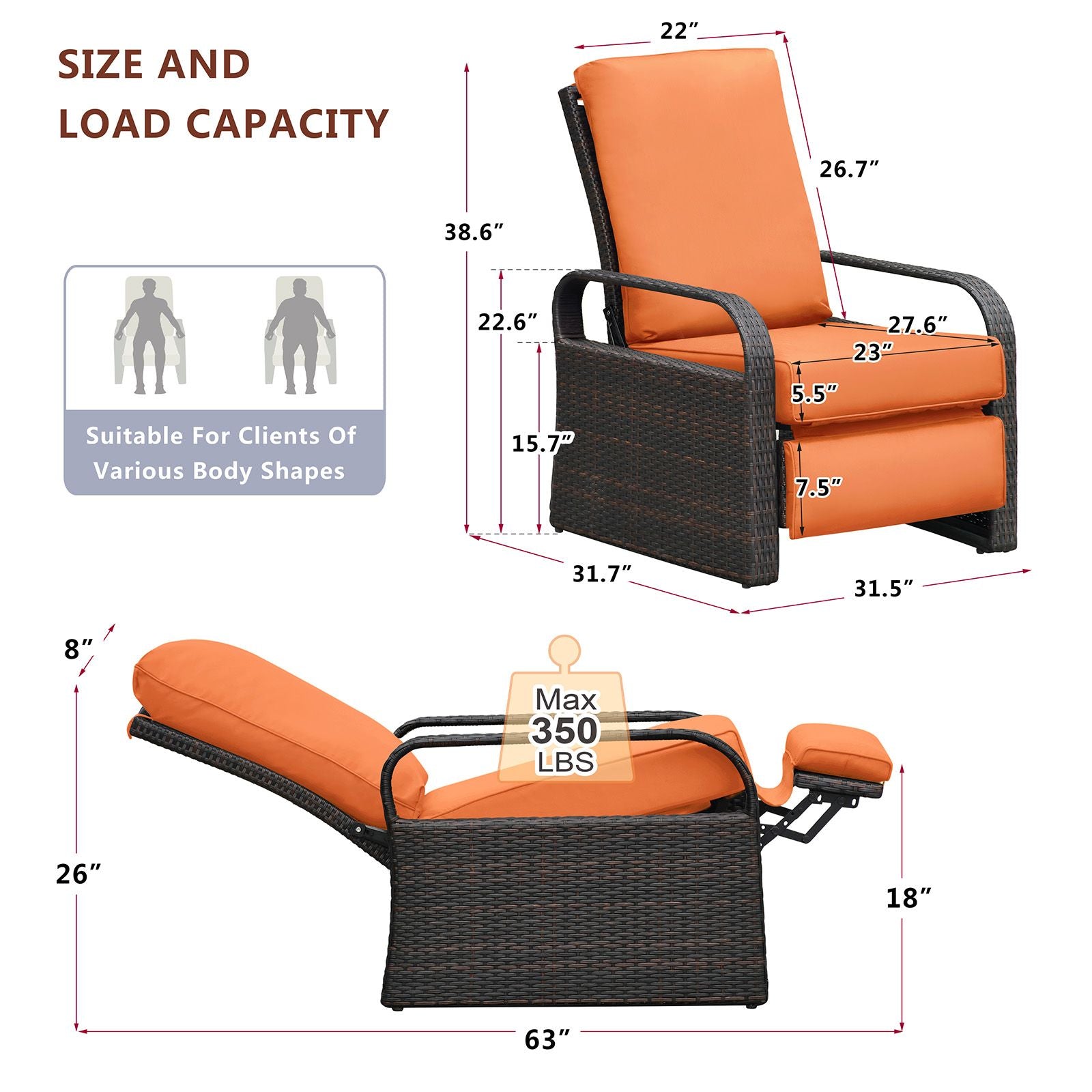 Adjustable Wicker Recliner Chair with orange cushion, showcasing dimensions and max 350 lbs load capacity for versatile outdoor use.