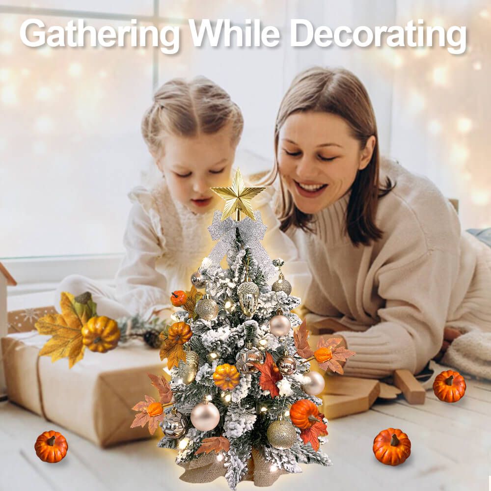 2ft Tabletop Christmas Tree with flocked snow and ornaments, perfect mini fall decoration for home or office, winter wonderland setup