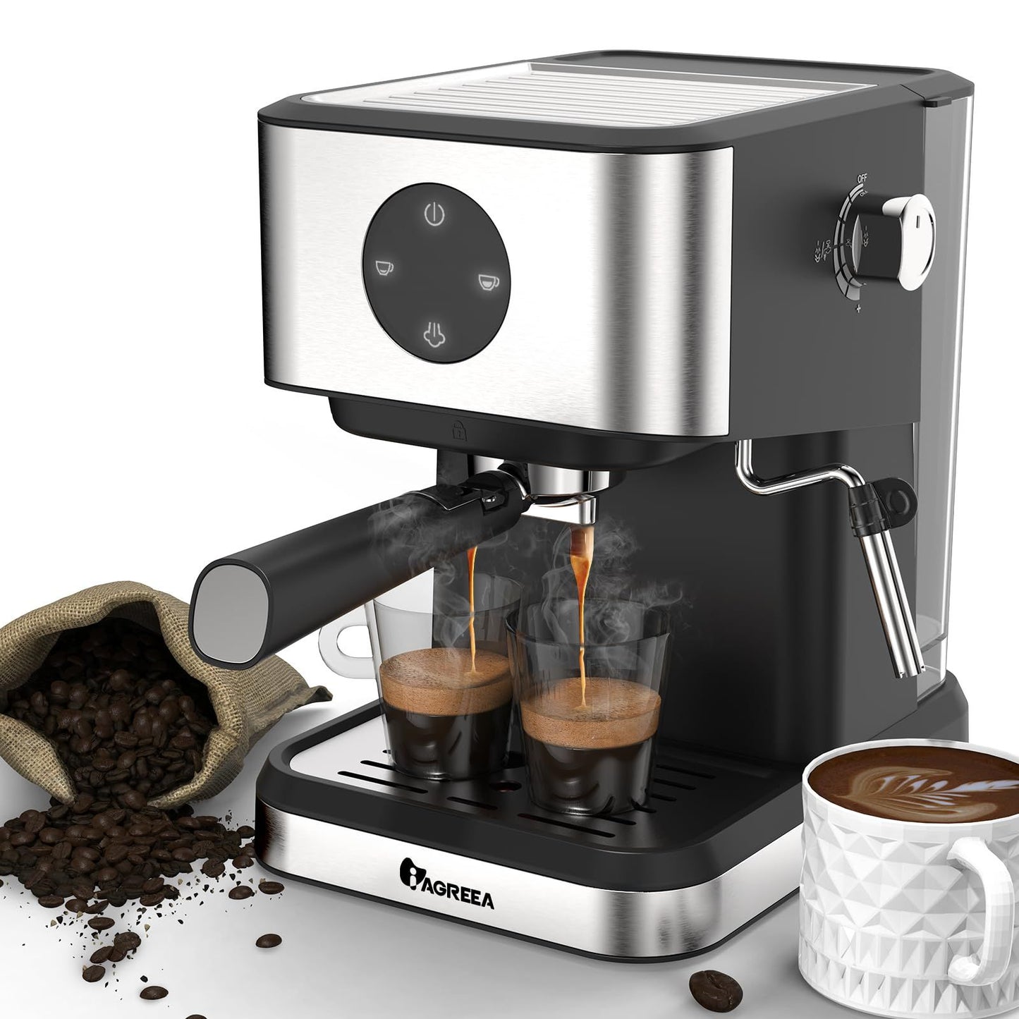 IAGREEA Espresso Coffee Machine with 20 Bar high pressure extraction and LED display, perfect for home lattes and cappuccinos, compact design.