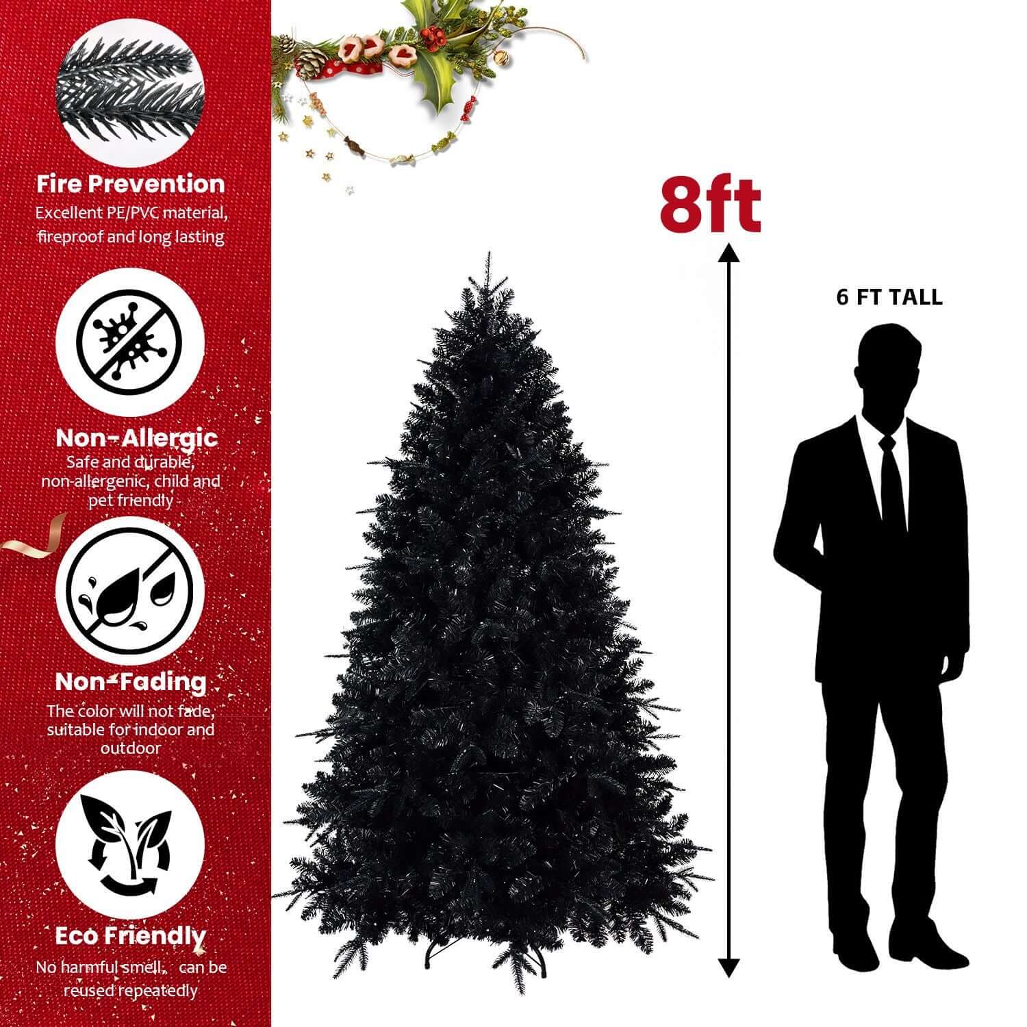 8ft black Christmas tree with White LED Lights, eco-friendly features next to a silhouette for height comparison. Fire prevention and non-allergic benefits shown.