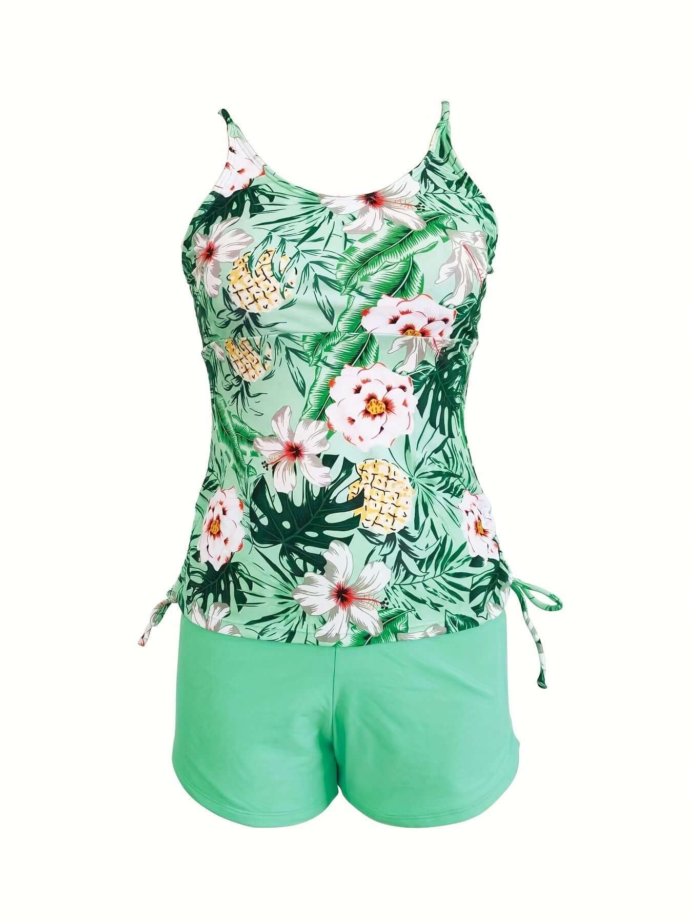 Floral plant print tankini set, drawstring tank top with solid shorts. Perfect swimwear by The Tabby Spot.