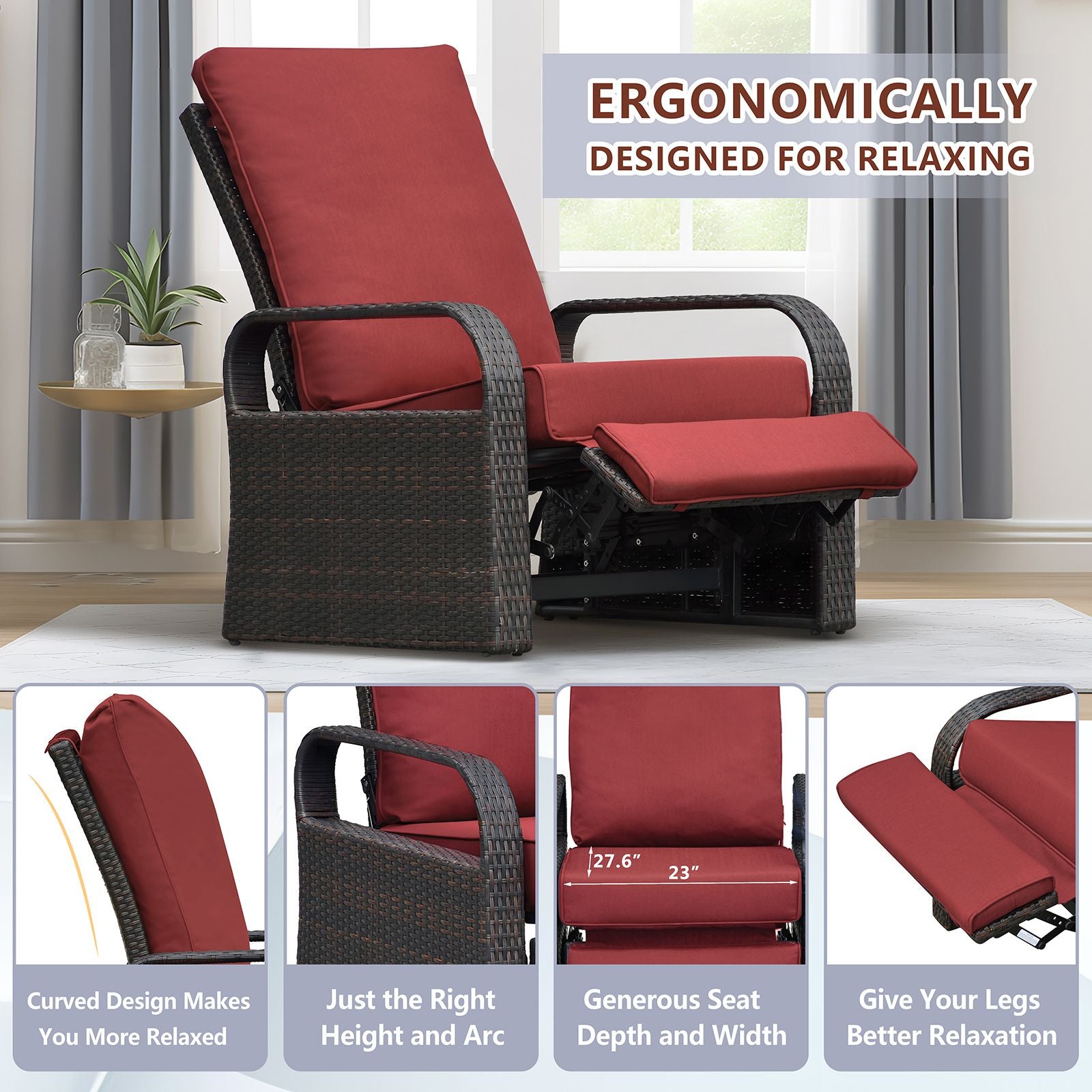 Adjustable Wicker Recliner Chair with red cushions in a living room setting, showcasing ergonomic design and comfort features.