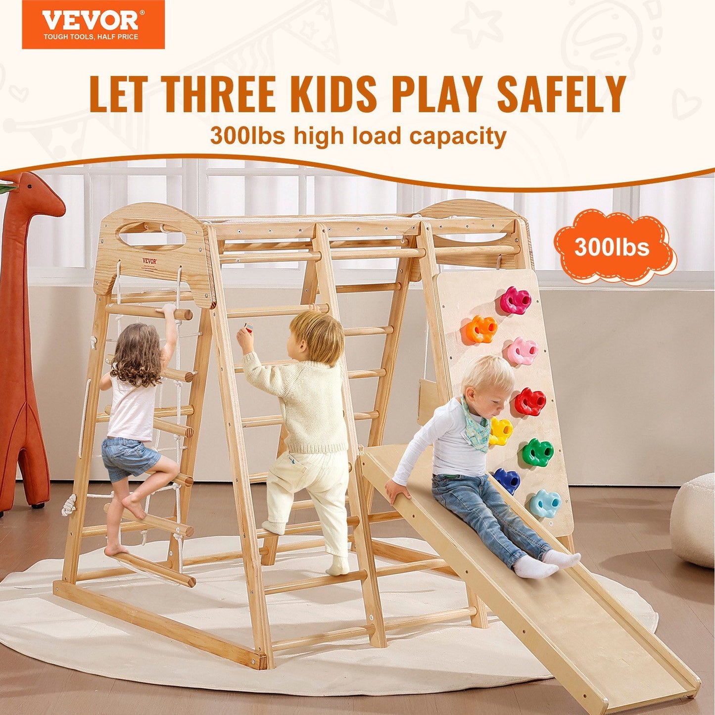 VEVOR 7-in-1 Indoor Jungle Gym with kids playing on a wooden toddler playground, featuring a slide and climbing wall. Supports up to 300lbs.
