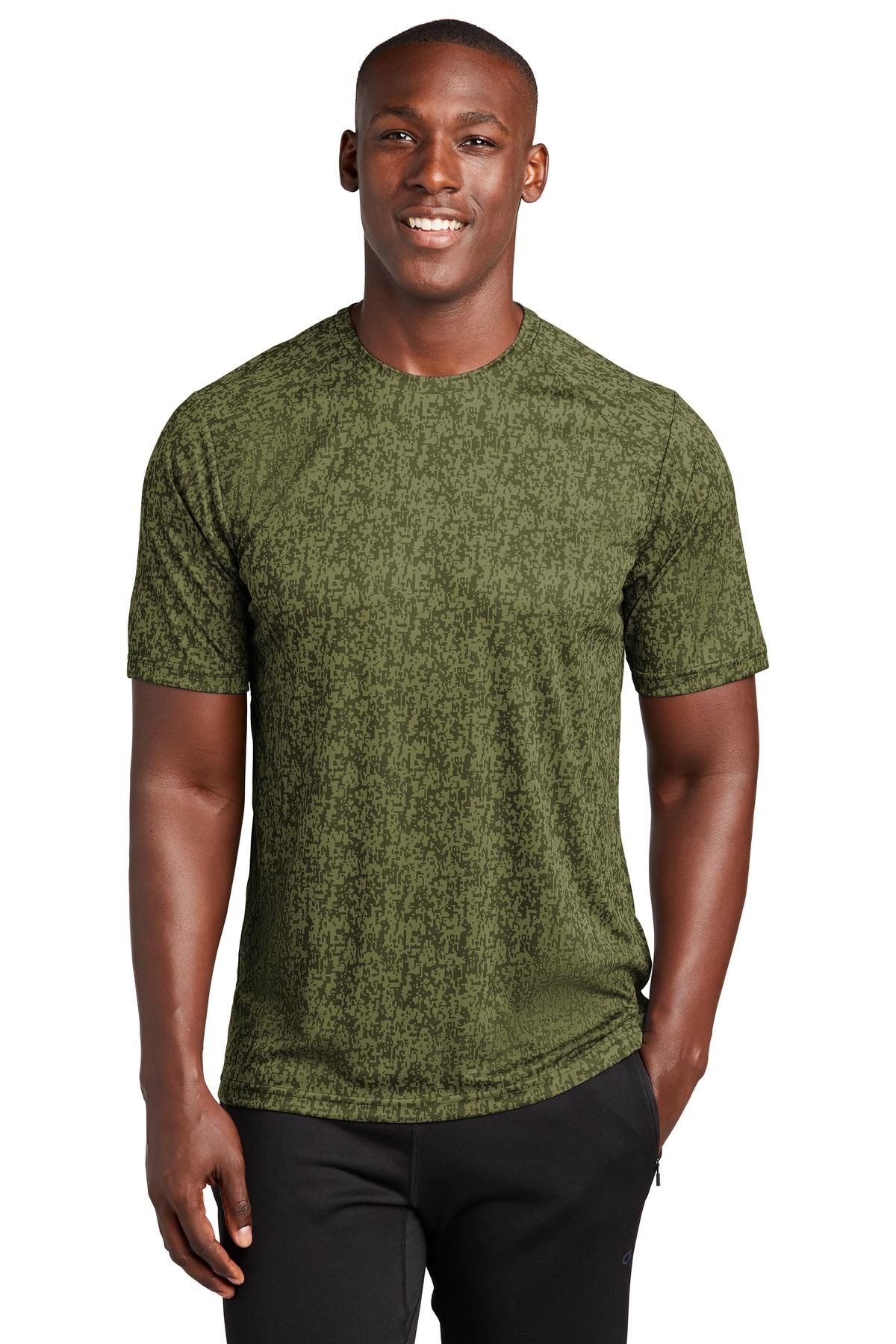 Sport-Tek Digi Camo Tee ST460, green camo, 100% polyester, moisture-wicking performance shirt, breathable, removable tag for comfort.
