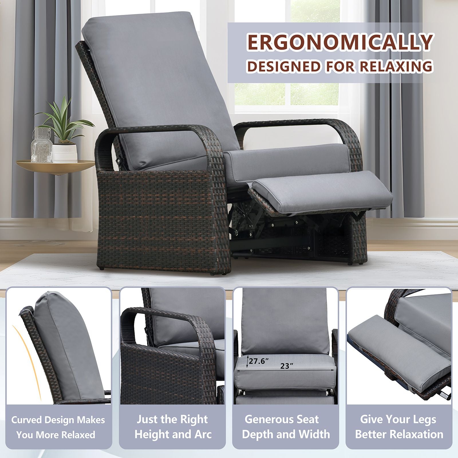 Adjustable Wicker Recliner Chair with ergonomic design and adjustable features for outdoor relaxation.