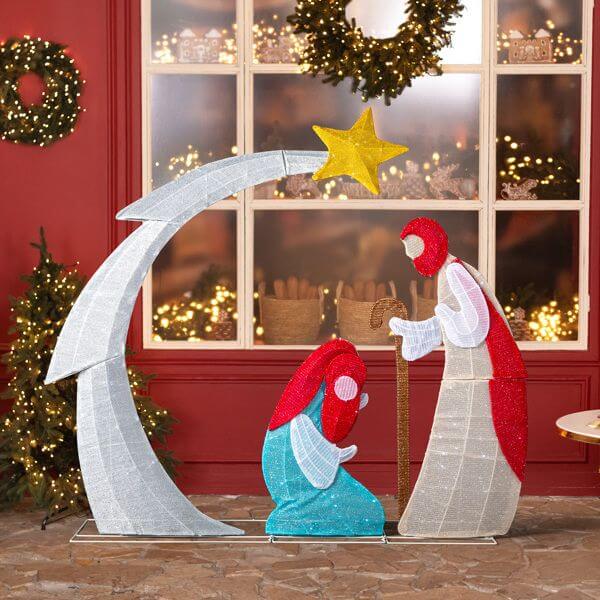VINGLI Lighted 2D Nativity Scene with 170 White LED Lights for Outdoor Christmas Decoration, featuring Mary and Baby Jesus under a star.