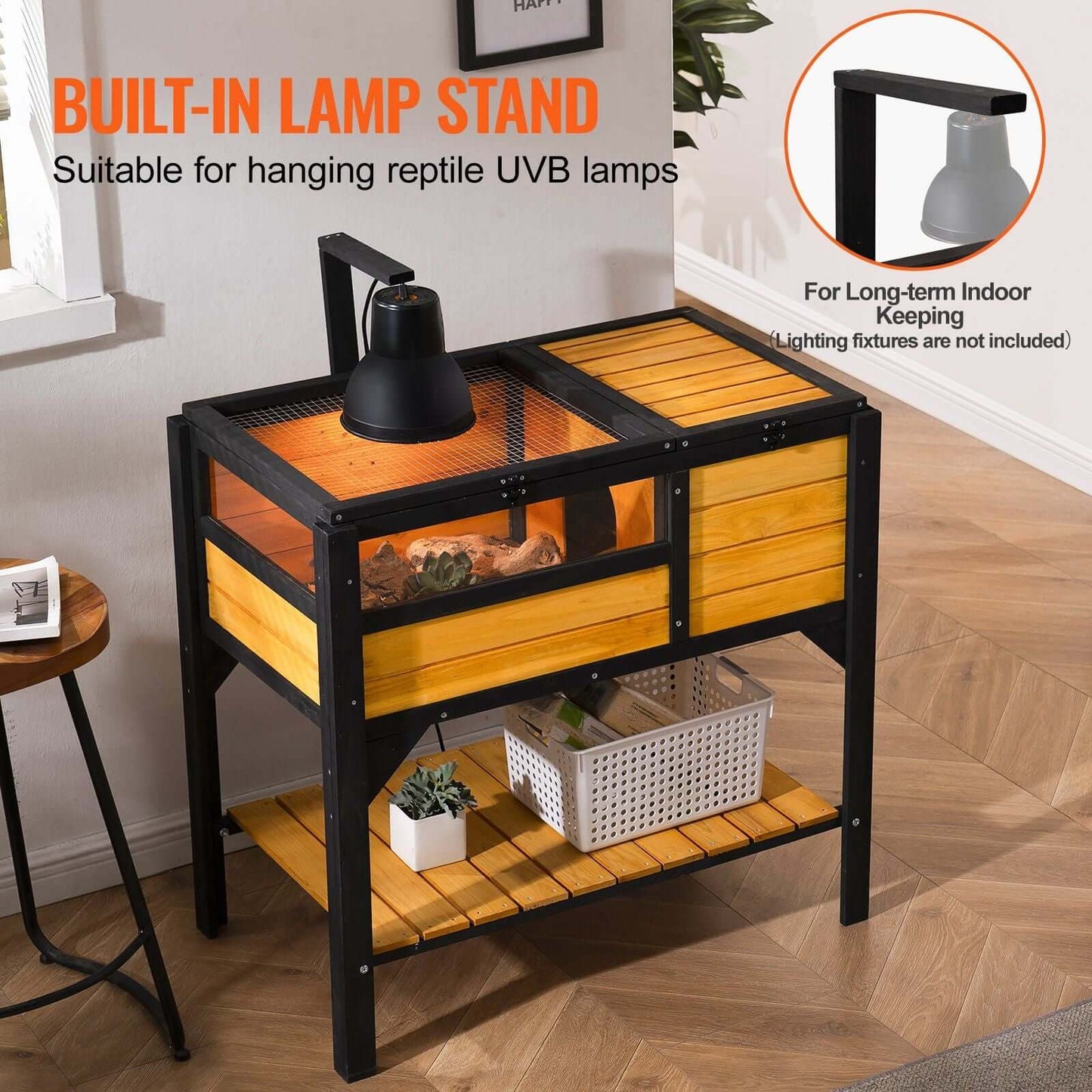 VEVOR Wooden Tortoise House Tortoise Habitat Indoor & Outdoor for Lizards Snakes with built-in lamp stand