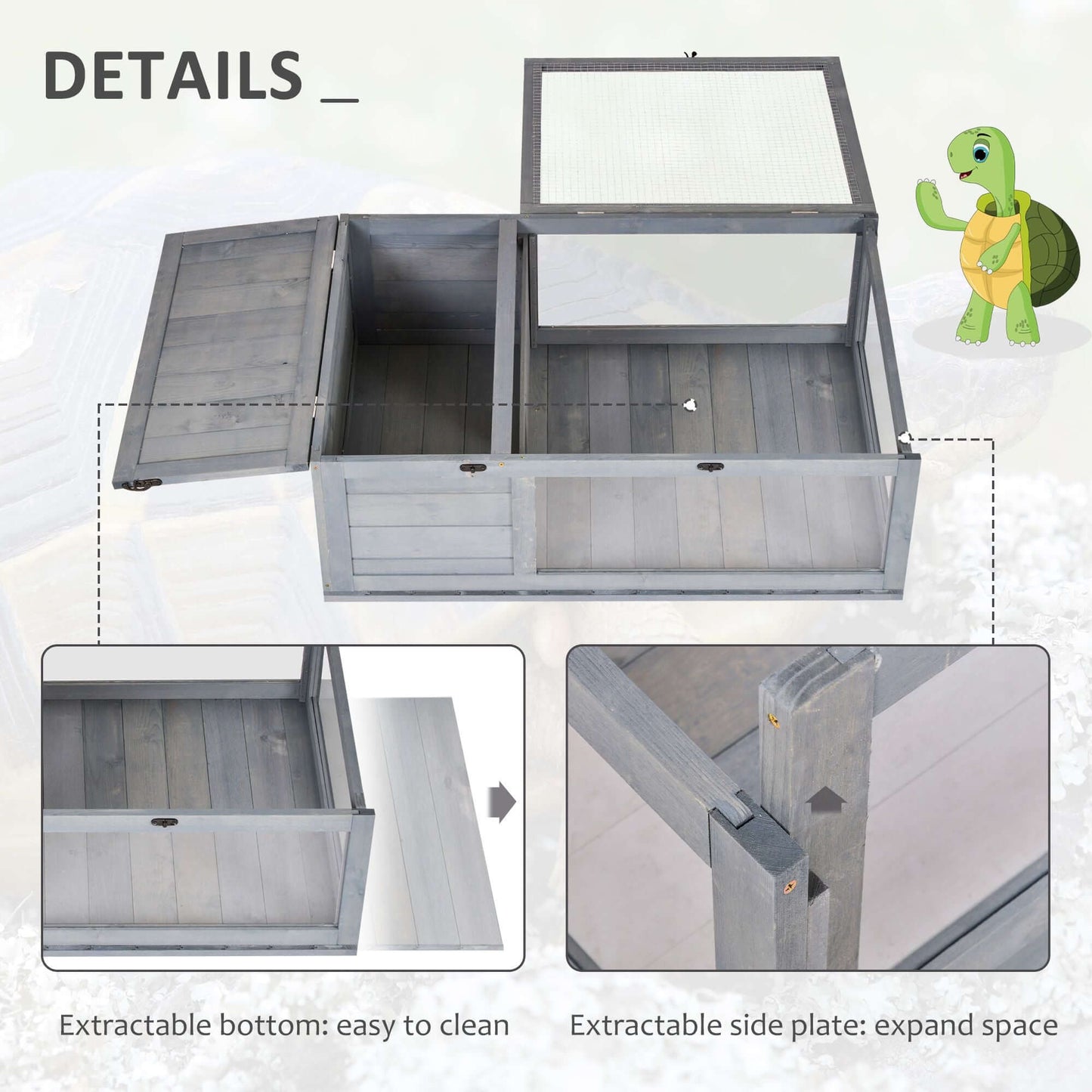 PawHut Wooden Tortoise House Indoor Turtle Habitat Enclosure Outdoor Reptile Cage Gray with 2 room design and extractable bottom.