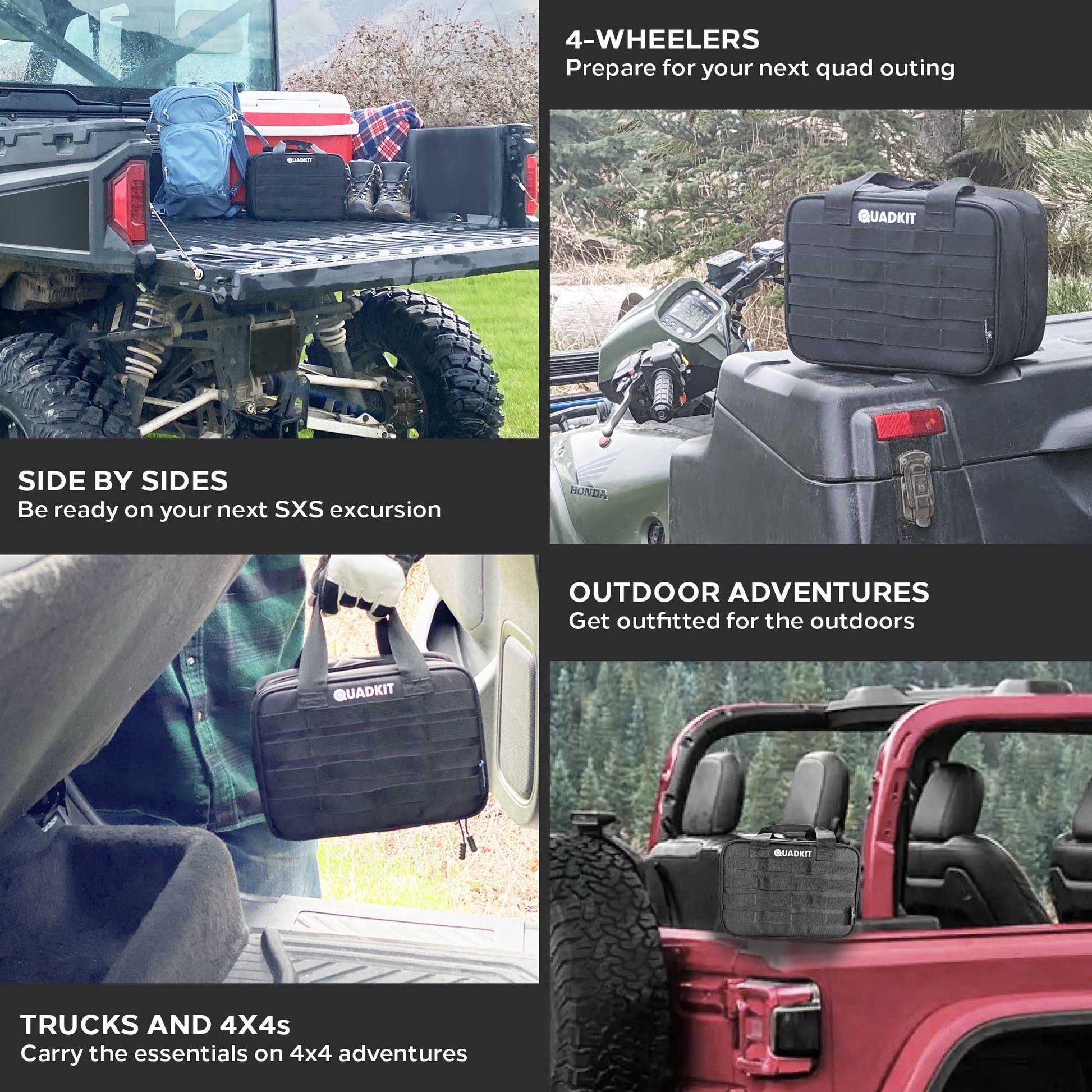 ATV Emergency Kit Off-Road displayed in various outdoor scenarios on trucks and 4-wheelers, showcasing versatile off-road preparedness.