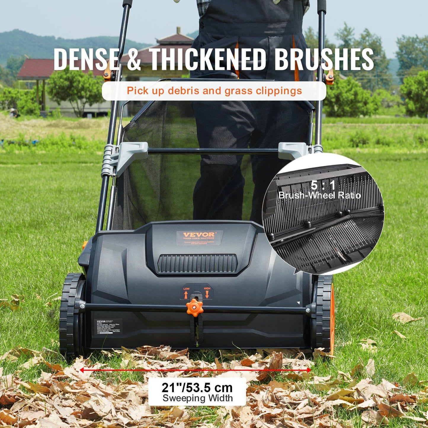 VEVOR Push Lawn Sweeper with dense brushes, rubber wheels, and 21-inch sweep width collects 80% debris effectively in one pass.