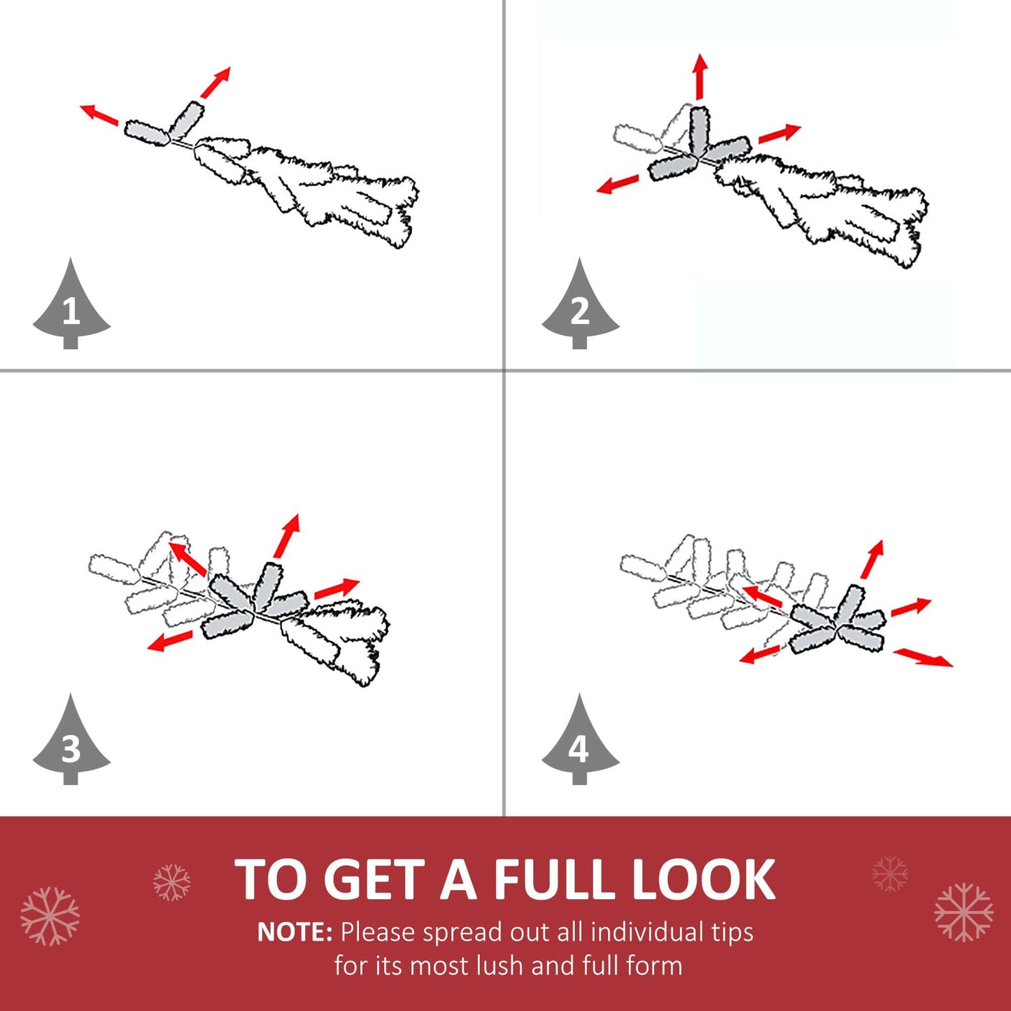 Instructions for assembling and arranging branches of the White Christmas Tree for a full and lush appearance.