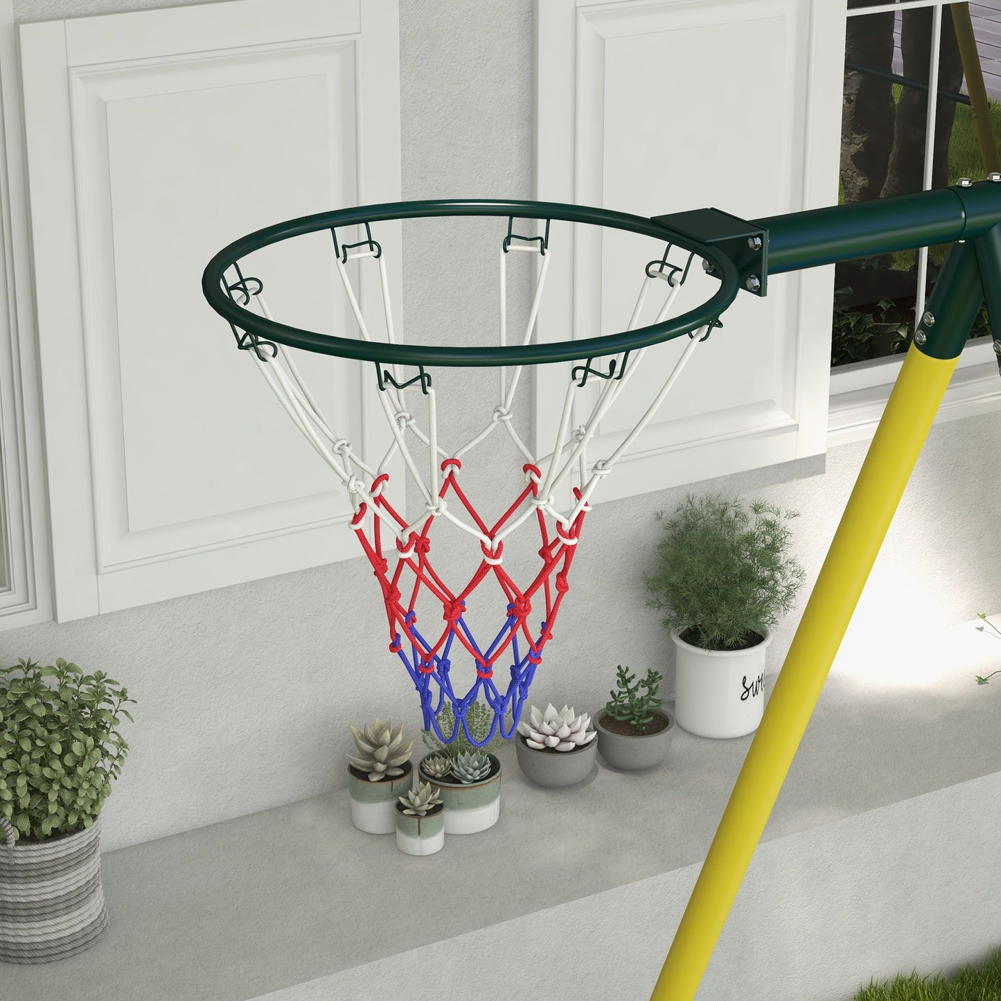 Alt Tag: Outsunny 5-in-1 Swing Set Yellow with Basketball Hoop, Backyard Fun for Kids, Heavy Duty, Ages 3-8, Metal Frame 440lbs Capacity