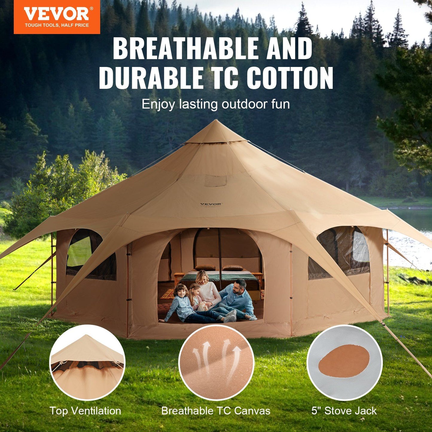 VEVOR 4 Season Canvas Tent with Breathable TC Cotton, 5m Bell Tent, Fits 8 People, Ideal for Family Camping, Waterproof with Stove Jack
