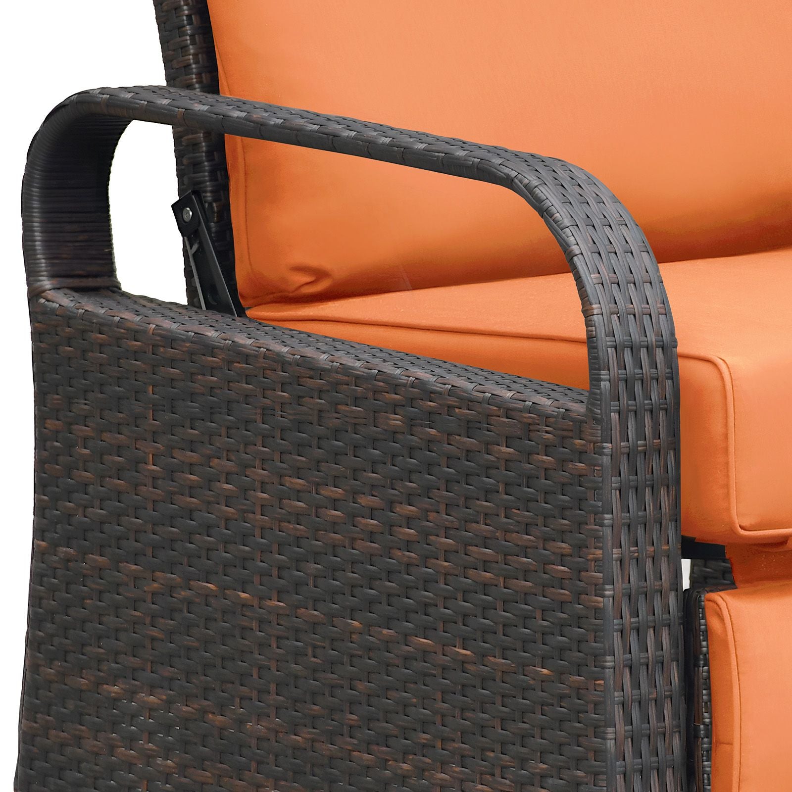 Close-up of Adjustable Wicker Recliner Chair's wicker armrest with orange cushion, perfect for outdoor relaxation.