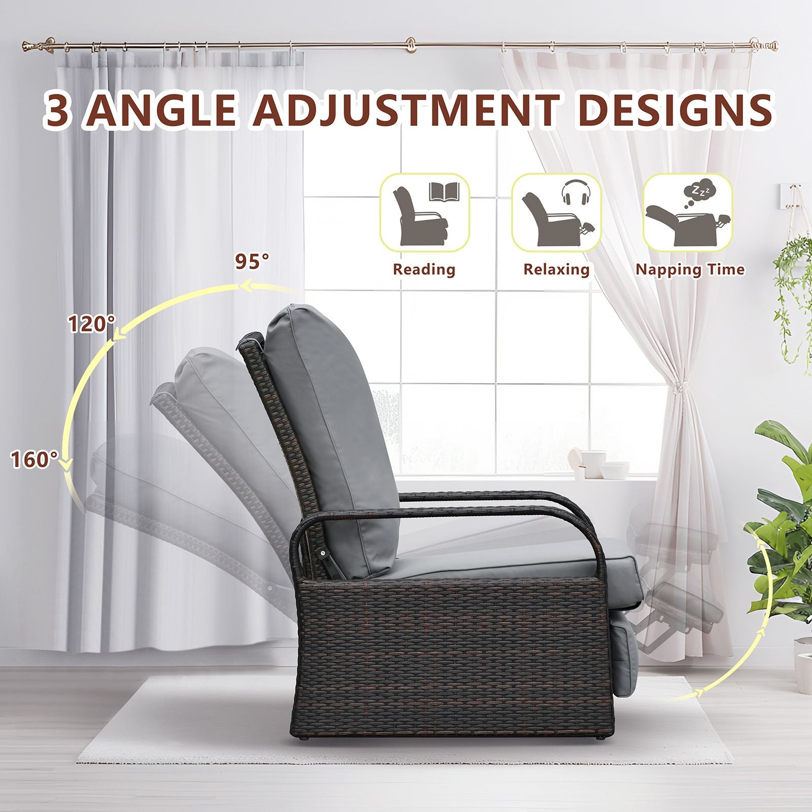 Adjustable Wicker Recliner Chair showing 3 angle adjustment settings for optimal comfort in reading, relaxing, and napping positions.