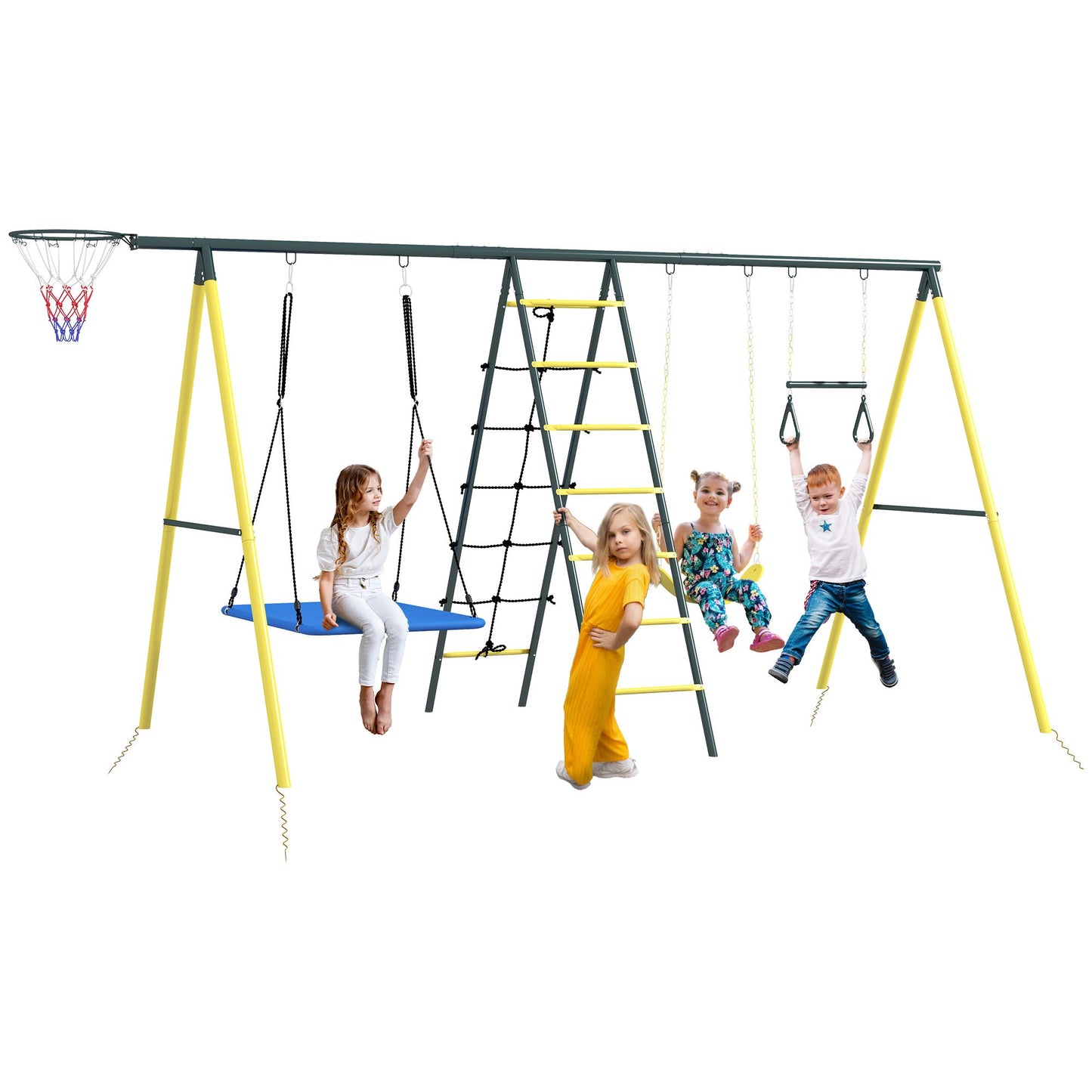 Outsunny 5-in-1 metal swing set with nest swing, climbing net, swing seat, gym rings, and basketball hoop, yellow, for kids ages 3-8