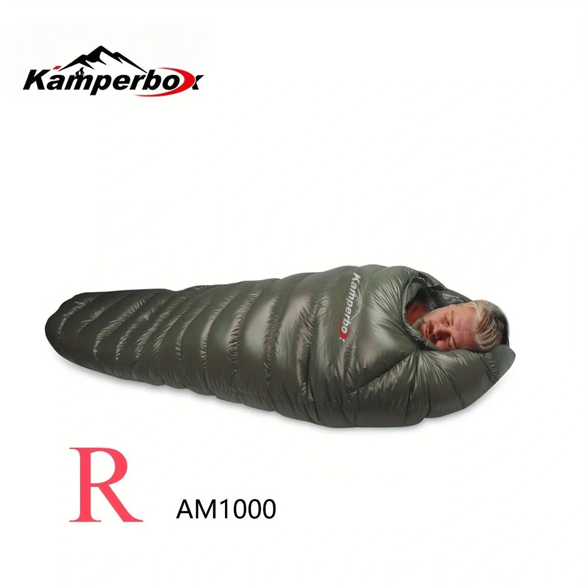 Kamperbox outdoor camping down sleeping bag in use, showcasing its lightweight, waterproof, and warm features, ideal for winter camping.
