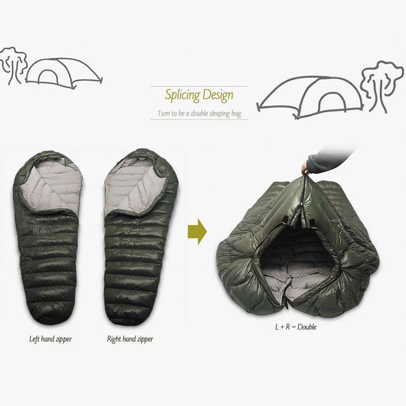 Two Kamperbox outdoor camping down sleeping bags shown separately and zipped together, demonstrating versatile splicing design.