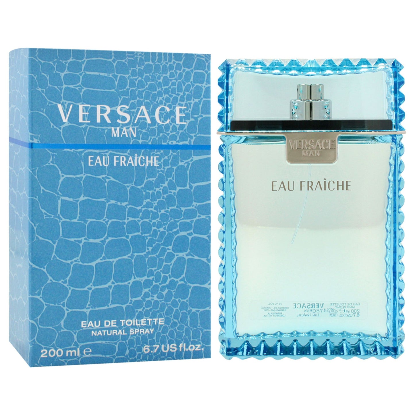 Versace Man Eau Fraiche 6.7 oz EDT Spray - Elegant blue packaging for men's cologne by Versace, perfect for fresh and aquatic fragrance lovers.