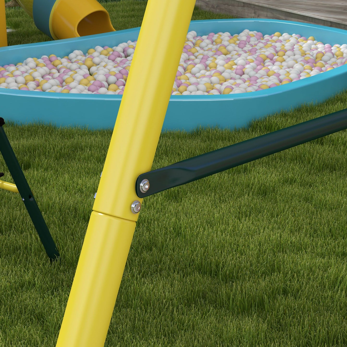 Close-up of Outsunny 5-in-1 metal swing set showing yellow frame and colorful ball pit, ideal for fun backyard activities for kids.