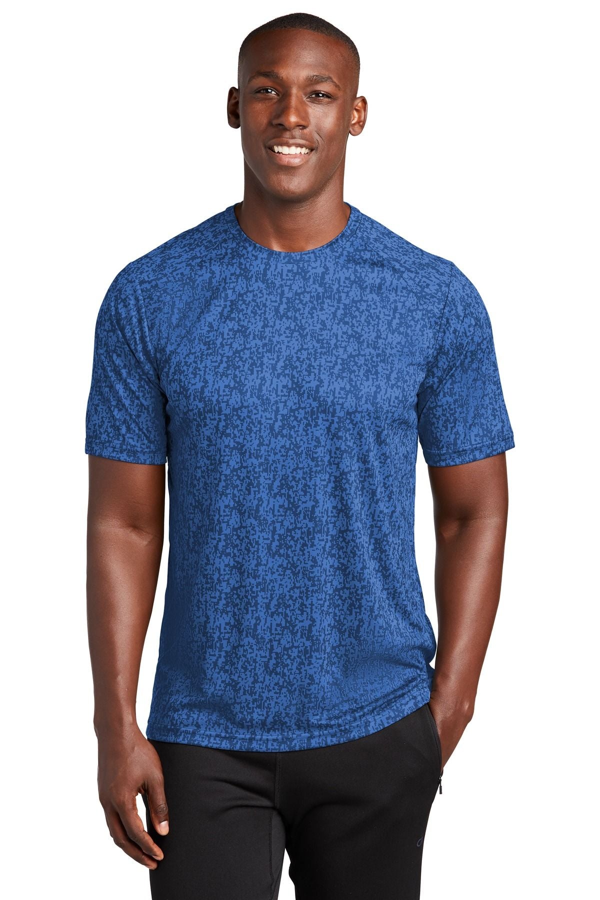 Sport-Tek Digi Camo Tee ST460 in blue, showing subtle digi camo pattern, 100% polyester, moisture-wicking, breathable performance shirt.
