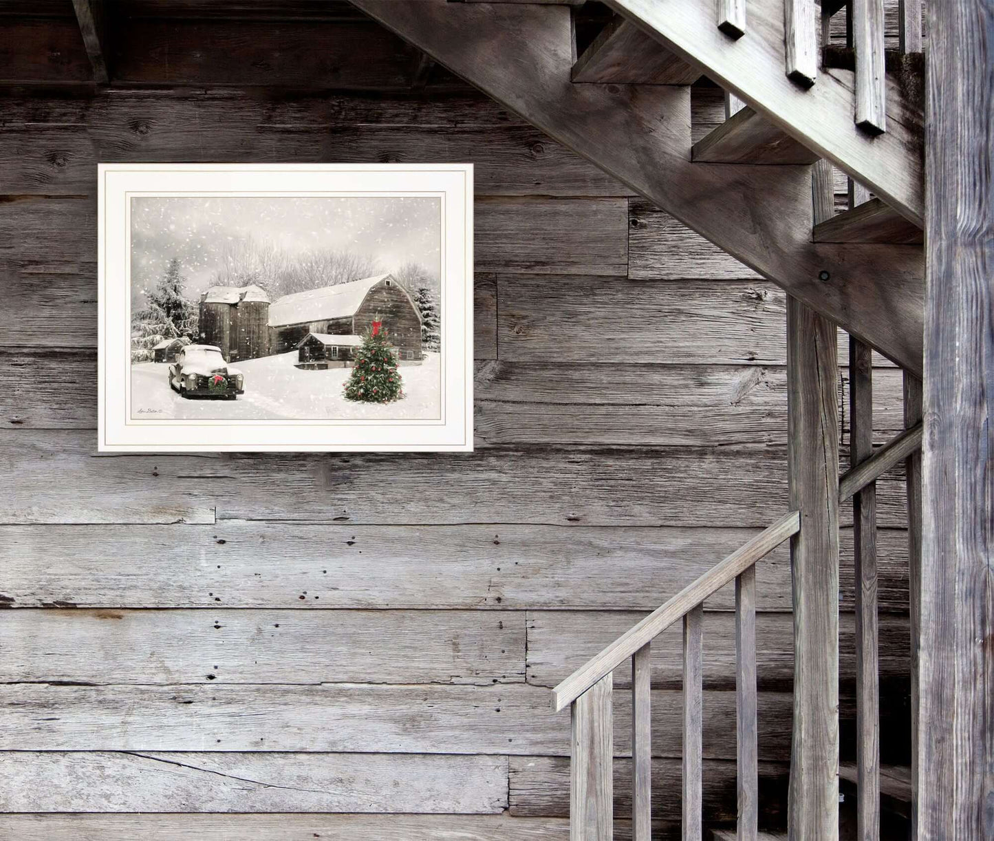 Trendy Decor 4U Farmhouse Christmas Framed Wall Art by Lori Deiter displayed on rustic wooden wall.